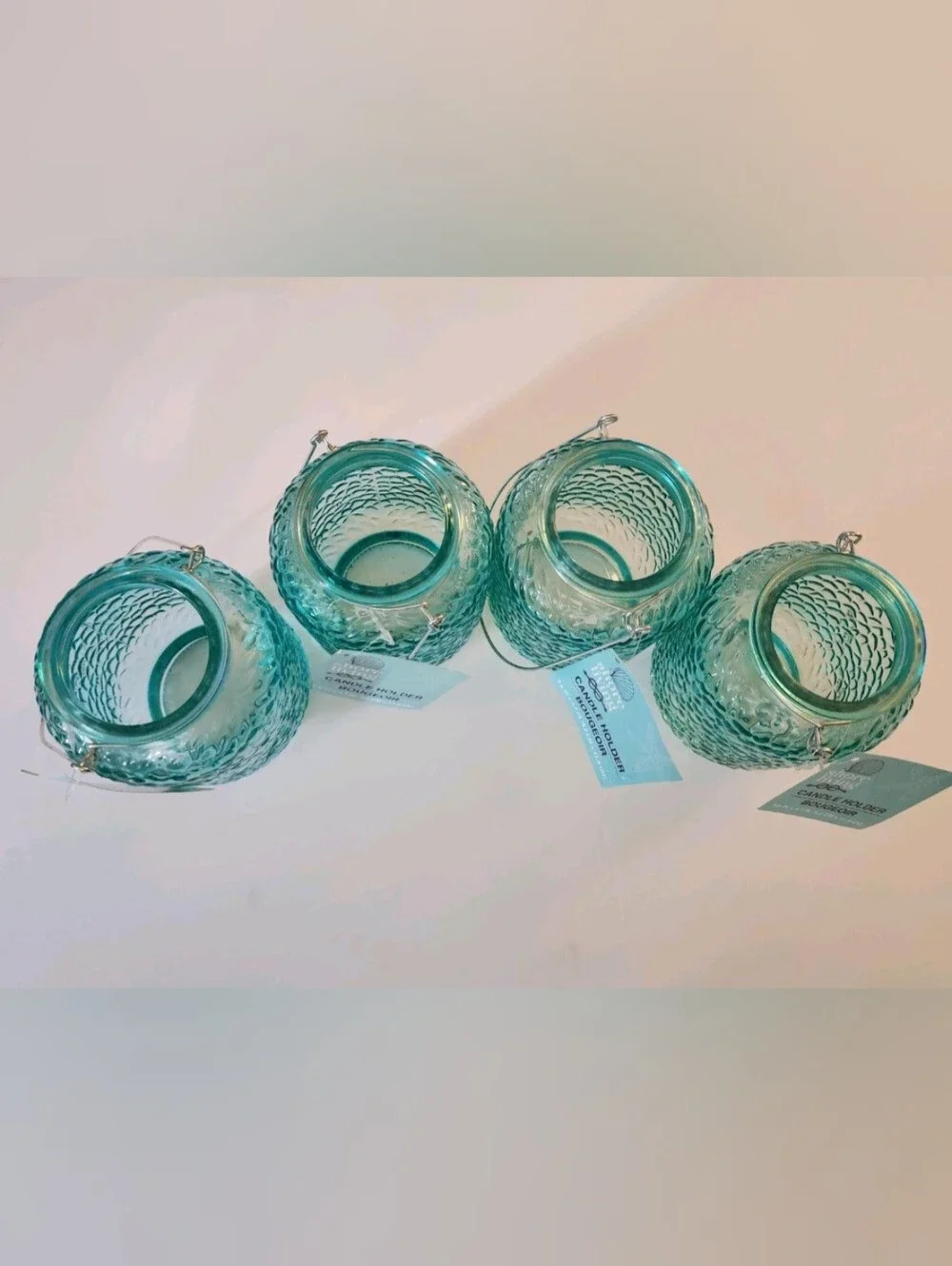 Set of 4 Aqua Textured Glass Candle Holders with Metal Hangers